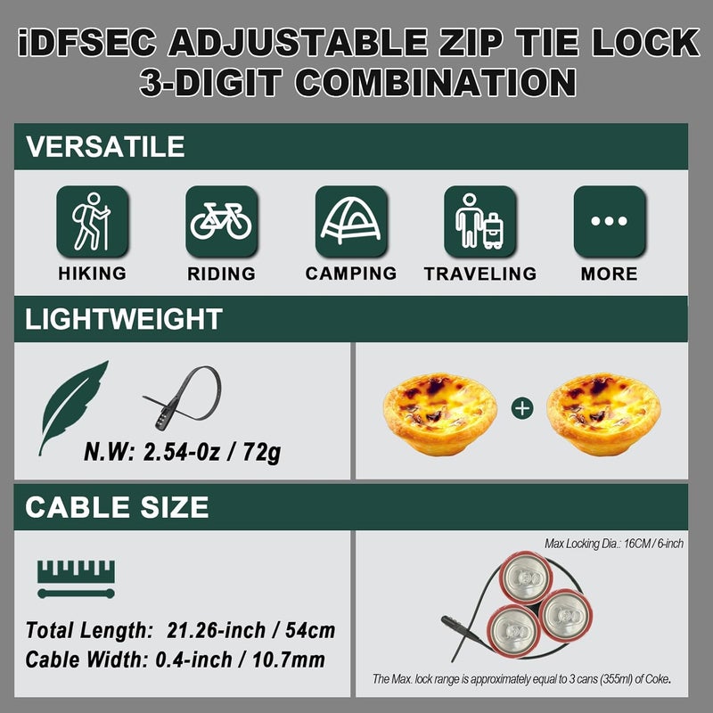 iDFSEC Zip Tie Lock, Adjustable Cable Tie with Stainless Steel Core - Multi-Purpose Cable Lock for Securing Helmets, Bicycles, Skis, Scooters, Café, Gate Door (1/Pack, Black) - Image 5